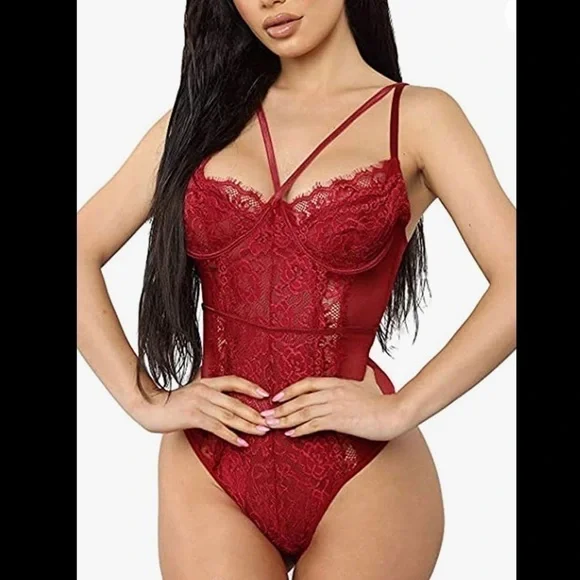 RED eyelash lace bodysuit lingerie - Picture 1 of 6